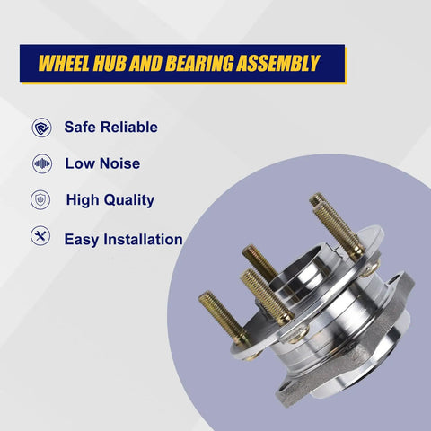 Beefed Up Front And Rear Wheel Bearing And Hub Assembly 513266 For Hyundai Santa Fe Veracruz And Kia Sorento 2007 To 2018 With Five Lug Bolts Without ABS Front And Rear Wheel Hub Replacement For AWD Vehicles displayed with four features: Safe Reliable, Low Noise, High Quality, and Easy Installation.