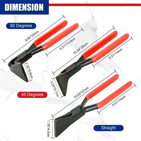 Three Piece Sheet Metal Bending Pliers Set For Roofers And Plumbers, featuring 90°, 45°, and straight hand seamers with dimensions
