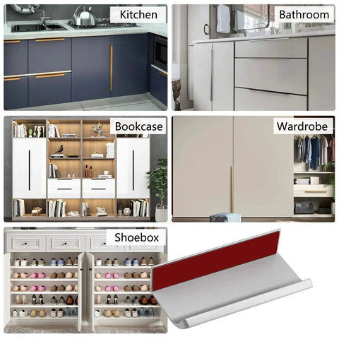 12 Pack Self Adhesive Drawer Pulls 3.15 Inch Silver Finger Edge Cabinet Handles shown on kitchen, bathroom, wardrobe, and more