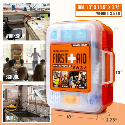 OSHA Compliant First Aid Kit With 400 Pieces in orange hard case, ideal for home, school, workshop, with dimensions and weight details