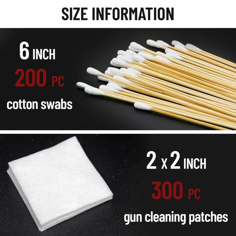 Image showing 6-inch cotton swabs and 2x2 inch patches from Gun Cleaning Kit With 300 Patches And 200 Cotton Swabs In Storage Box