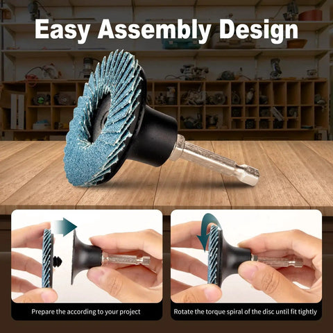 2 Inch Flap Discs Set For Die Grinder 50 Pack With One Quarter Inch Quick Change Holder Includes 36 60 80 120 Grit Roll Lock Sanding Discs For Surface Prep Grinding Polishing Deburring Rust And Paint Removal, showing assembly process.