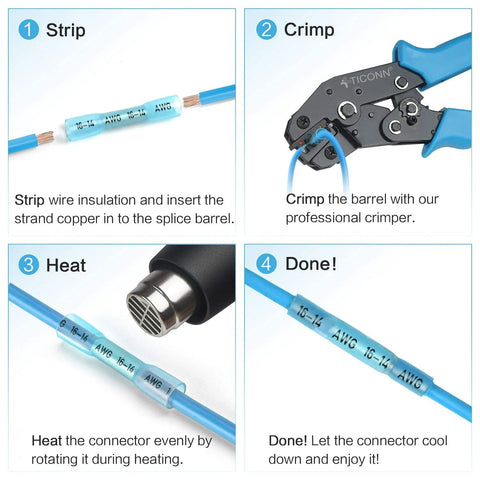 TICONN 100PCS heat shrink butt wire connector kit; blue insulated connectors and crimper tool, four-step guide.