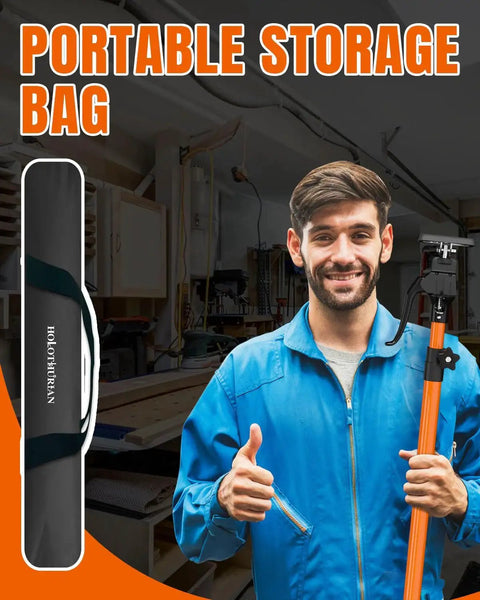 Man holding an adjustable cabinet jack support pole in a workshop with a portable storage bag displayed beside him.