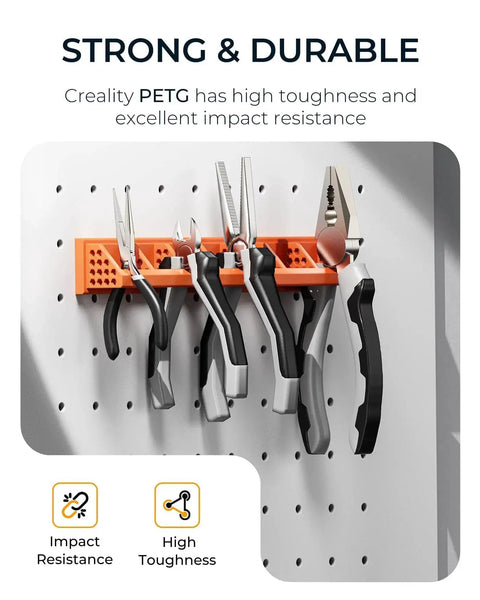 Tool holder with various hand tools on a wall, showing example use of PETG Filament 1.75mm Black 1kg Odorless Toughness for High Precision 3D Printing.