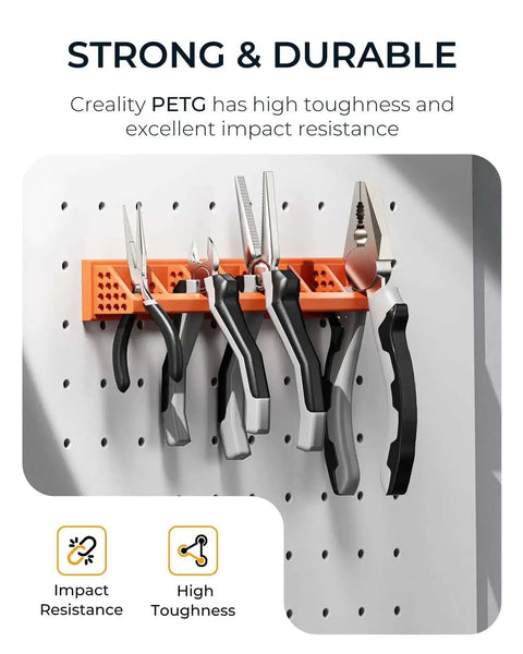 Pliers on pegboard with orange PETG holder showcasing high toughness and impact resistance features