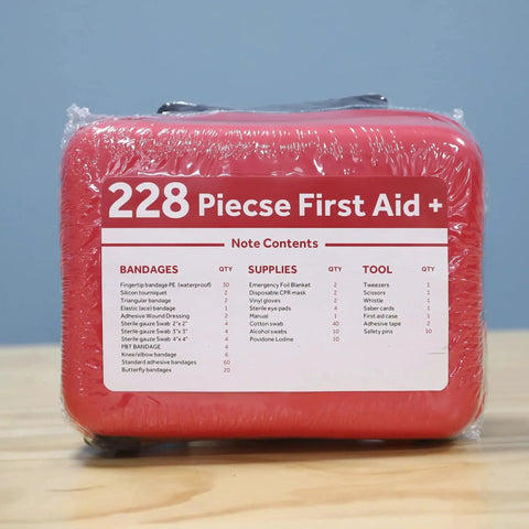Compact First Aid Kit With 228 Pieces For Family Emergency Care In Waterproof EVA Case Red, front view showing item list