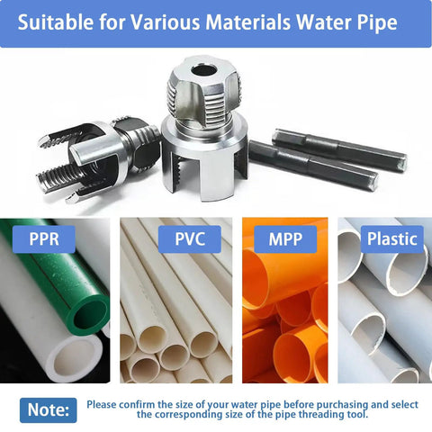 2026 New Pipe Tapping And Threading Tool For PVC Pipes One Half Three Quarter And One Inch Sizes shown with pipe samples
