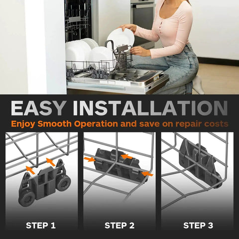 Easy installation steps for Upgraded Four Pack Dishwasher Lower Rack Wheels Replacement Compatible With Whirlpool, GE, Kenmore And Other Major Brands.