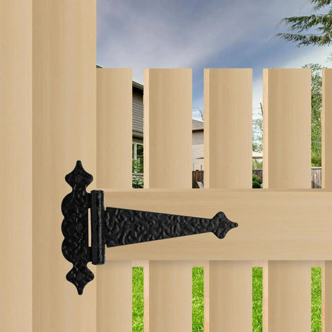 6 Inch Decorative Hammered Steel Rust Resistant Heavy Duty T Hinges Outdoor Tee Hinges installed on wooden fence