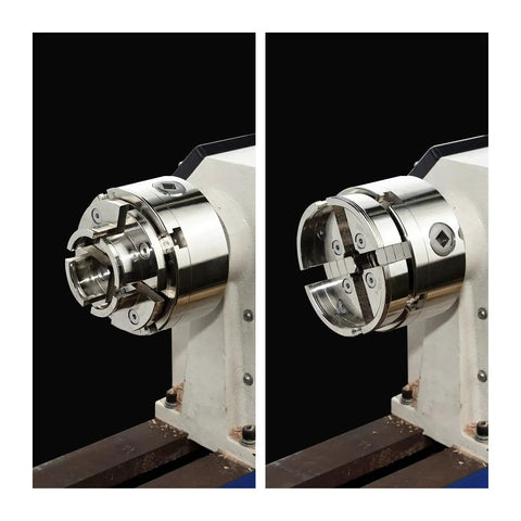 Versatile Workhorse 4 Inch Wood Lathe Chuck Set with 1x8 TPI Thread and Three Quarter By Sixteen TPI Adapter, front view