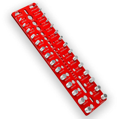 Nut And Bolt Thread Checker Kit With 49 Pieces 15 Metric And 15 Standard Sizes mounted on red wall panel for quick identification