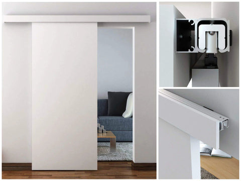 Concealed Sliding Door Hardware Kit For A Single Door With Quiet Ball Bearing Wheels And Slick Soft Close Two Part Floor Guide And Paintable Cover For Seventy Eight And Three Quarters Inch Doors installed.