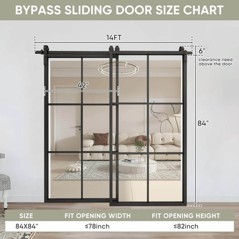 Bypass Double Glass Barn Door 84 By 84 Inches With 7.5 Foot Side Mounted Hardware Kit showing size chart and living room setup.