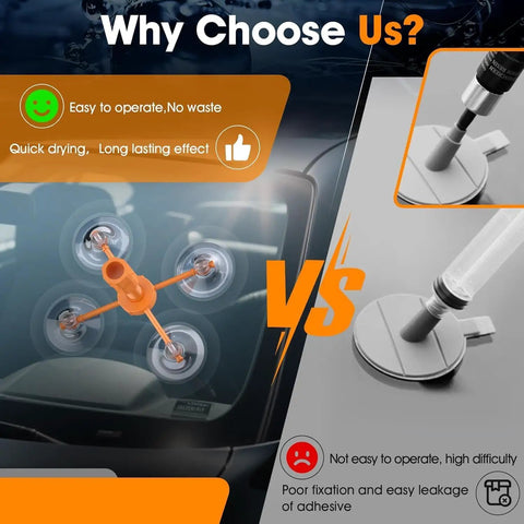 Comparison showing 2 Pack Windshield Repair Kit With Enhanced Injection Head For Scratches Cracks And Star Shaped Chips For Fast Fix.