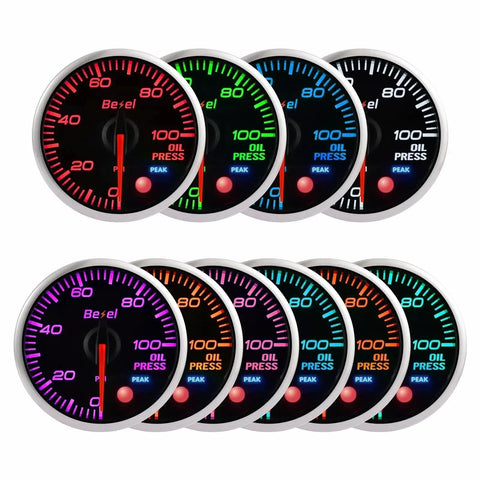 Colorful oil pressure gauge kit 0-100 PSI for 52mm in-dash with clear lens and silver ring, 270 degree sweep, JDM USDM ready