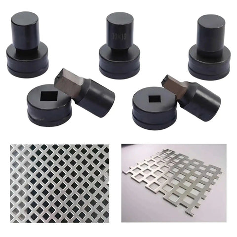 Square Die Punching Set for CH-70 Machine, Hydraulic Die Kit with Upper and Lower Dies, 17x17mm Slotting Punch, metal grids visible