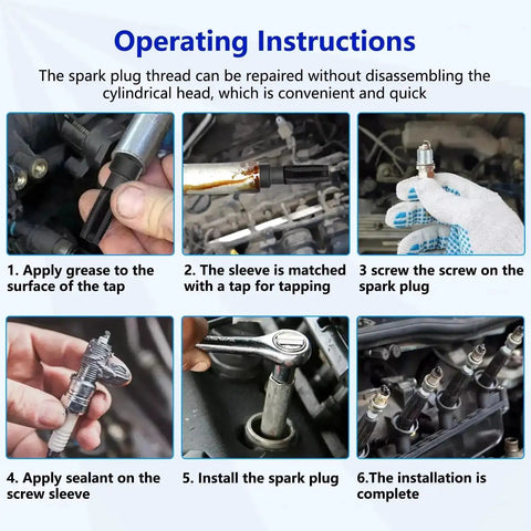 Installation steps for using 14mm Spark Plug Thread Repair Kit For Cylinder Heads M14 X 1.25 Rethread Tool with reamer and inserts.