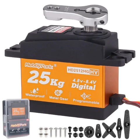 HobbyPark 25kg waterproof high-torque RC servo with full metal gears, orange body, 25T horn