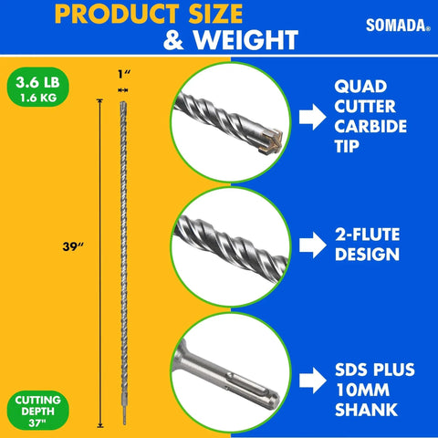 Long 1 Inch SDS Plus Drill Bit For Rotary Hammers, 39 Inch Overall Length, 10mm SDS Plus Shank, 4-Cutter Carbide Tip By SOMADA