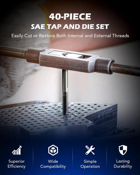 40-piece SAE tap and die set in use for thread repair and rethreading internal and external threads for auto DIY projects