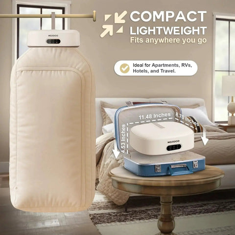 Portable Compact Clothes Dryer For Apartments And Travel With Adjustable Timer shown folded and in use, fits in suitcase.