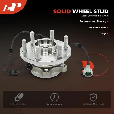 Front Wheel Bearing And Hub Assembly With ABS For 6-Lug 4WD Trucks And SUVs Fit Nissan Frontier 2005-2019, shown detached