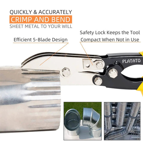 5 Blade Sheet Metal Crimping Tool for HVAC Duct and Venting, Gutter Downspout Crimper in use on metal pipe