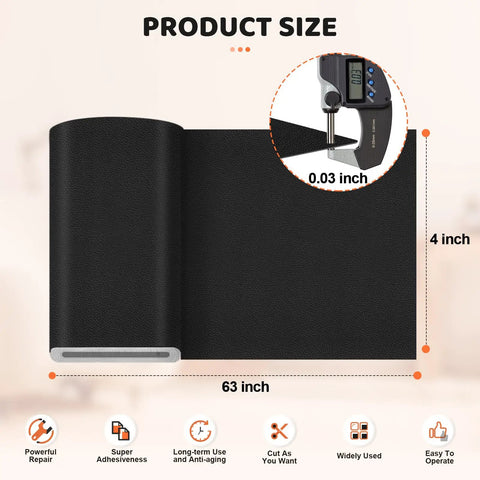 Heavy Duty Leather Repair Patch Kit Gecyfit 10 By 160 Cm Black Adhesive Upholstery Tape showing 63 inch length and 4 inch width.