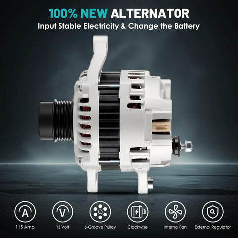 Side view of Drop-In 115A 12V Car Alternator Replacement For Chrysler models, featuring 6-Groove CW rotation, 04801323AB