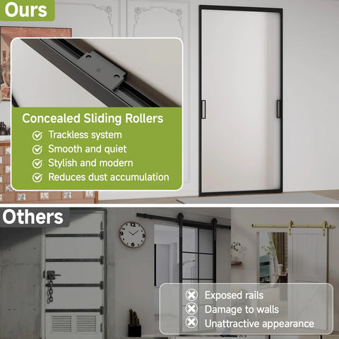 Concealed Sleek Sliding Glass Barn Door Kit With Soft Close Hardware, 40 By 87 Inches, Frosted Tempered Glass, Modern Black Frame