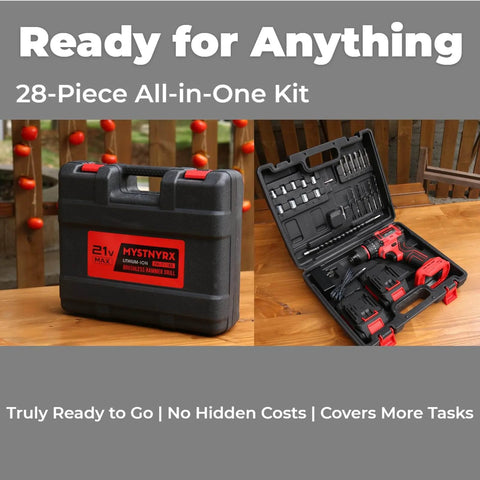 21V Max Brushless Cordless Hammer Drill Driver Kit With Two 2.0Ah Batteries, Charger, 24-Piece Accessory Set And Case displayed