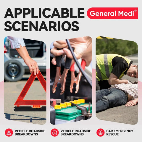 Essential 127-Piece Car Emergency Kit With Mini First Aid Kit Includes Jumper Cables Tow Rope Safety Vest And Emergency Triangle shown in use