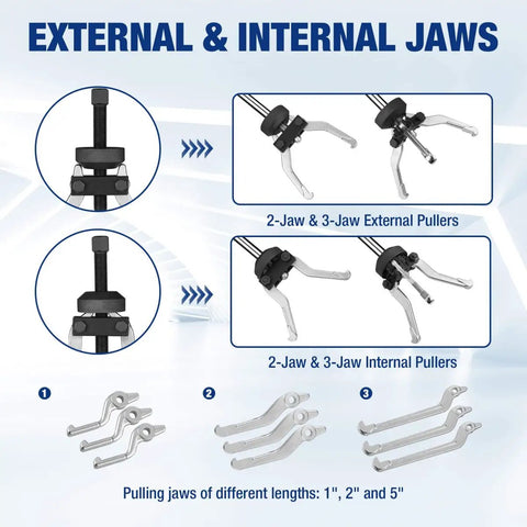 9 Way Slide Hammer Puller Set With 27 Piece Kit Heavy Duty Wheel Bearing Removal Tool showing external and internal jaws.