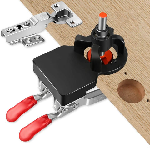 35mm Concealed Hinge Jig For Cabinets, Heavy Duty Aluminum Drill Guide With 2 Quick Clamps on wooden panel