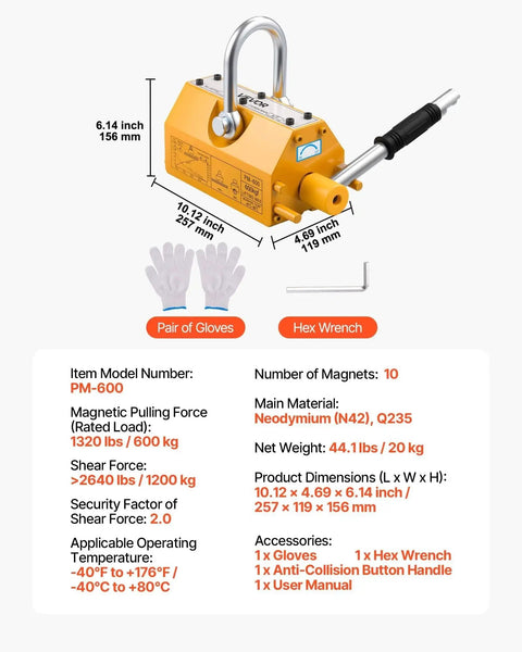 Permanent Magnetic Lifter N42 Neodymium 1320 Lb Capacity With Release Handle Steel Hook with dimensions and accessories shown