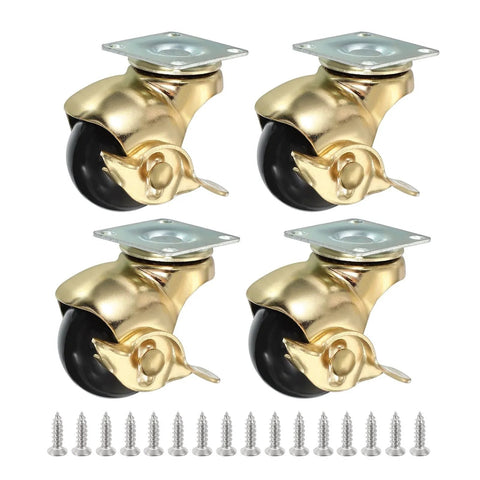 1.5 Inch Ball Caster Wheels With Brake, 4 Pack, shown with M4 screws, gold finish, 360 degree swivel, for furniture mobility