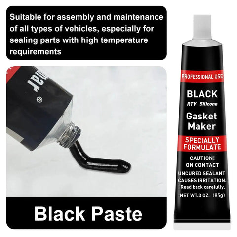 Beefed-Up High Temperature RTV Silicone Gasket Maker Sealant Black tubes showing black paste application for engines and transmissions.