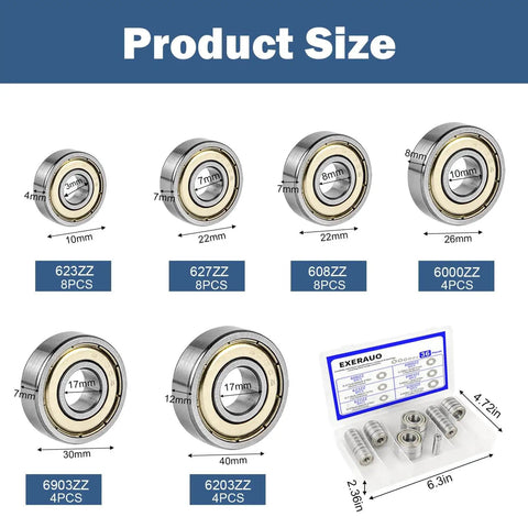 Six sizes of deep-groove steel bearings from the 36-Piece Ball Bearing Kit, Deep-Groove Steel Bearings 608ZZ 623ZZ 627ZZ 6000ZZ 6903ZZ 6203ZZ