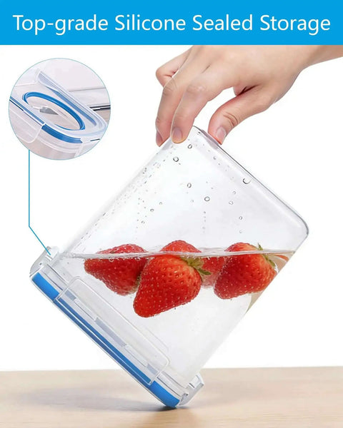 Hand holding transparent storage box with silicone seal containing strawberries, showcasing airtight feature. Six Pack 1.75mm Filament Storage Boxes With Desiccants Portable Waterproof Dustproof Case For 3D Printer Filament Transparent Blue Keeps Filament Dry Easy Labeling And On The Go Organization.