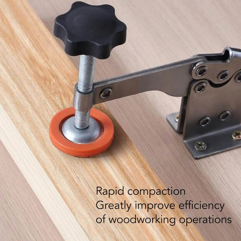 Pro Grade Non Slip Quick Release Toggle Clamp Set For Woodworking Jigs And Fixtures With Rubber Tip holding wood securely in place.