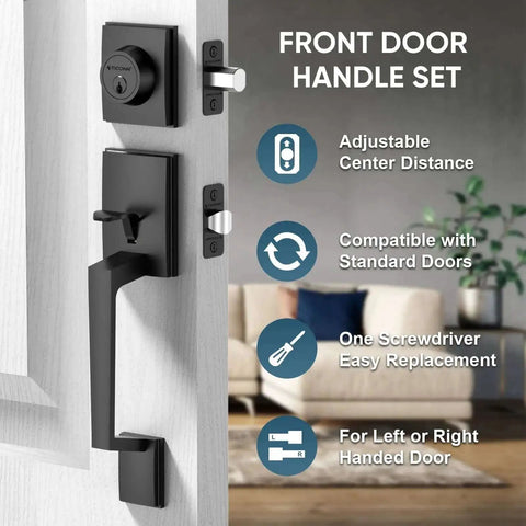 Heavy Duty Front Door Handle Set With Square Lever And Single Cylinder Deadbolt Reversible For Exterior Entrances Matte Black Finish