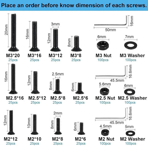 Graphic showing dimensions and quantities of 900 Piece Flat Head Hex Socket Cap Screws Kit With Nuts Washers And Hex Wrench M2 M2.5 M3 Fully Threaded Allen Machine Screws 10.9 Grade Alloy Steel Black Oxide Finish Built Tough.