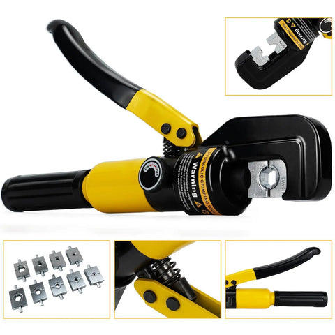 Beefy 10 Ton Hydraulic Crimping Tool Set For 12 AWG To 00 Cable With 9 Hex Dies Battery Cable Crimper Kit shown with dies and handle.