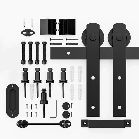 Sliding Barn Door Hardware Kit Six Point Six Foot Heavy Duty Rail System With Quiet Smooth Operation Easy Install Includes Door Hook And Two Handles For Doors One And Three Eighths To One And Three Quarters Inches Thick Black I Shape Hanger components shown.