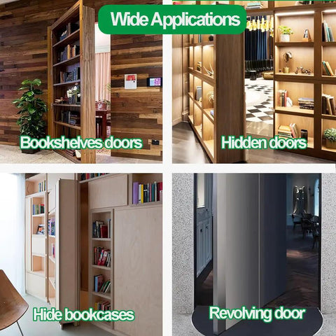 Hidden Door Pivot Hinge Stainless Steel 360 Degree Built Tough Heavy Duty Up To 570 Lbs Load Bearing Black For Secret Doors Or Concealed Bookcase Doors And Installable For Hidden Bookcase Or Secret Wall Doors In Modern Homes shown in various applications