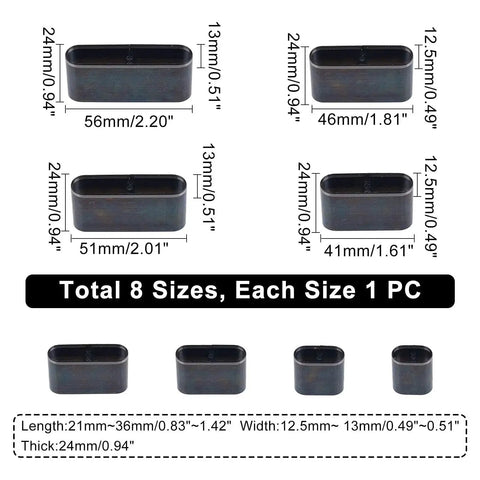Diagram of Leather Die Punch Cutter Set in Steel with hollow punch tools, showing 8 piece assorted sizes, dimensions labeled.