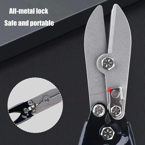 Close-up of secure locking mechanism on five metal sheet crimping tool made from high carbon steel with ergonomic nonslip handle for gutters.
