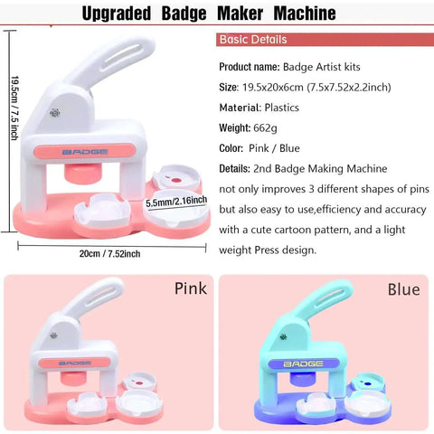 Pink and blue badge maker machines with measurements, featuring details of the Three In One Button Maker Kit With 86 Sets Of Parts For DIY Pins.