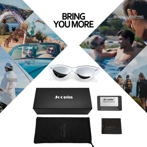 Silver Cat Eye Sunglasses With Polarized UV Protection, Transparent Frame And Mirror Lenses, displayed with accessories.